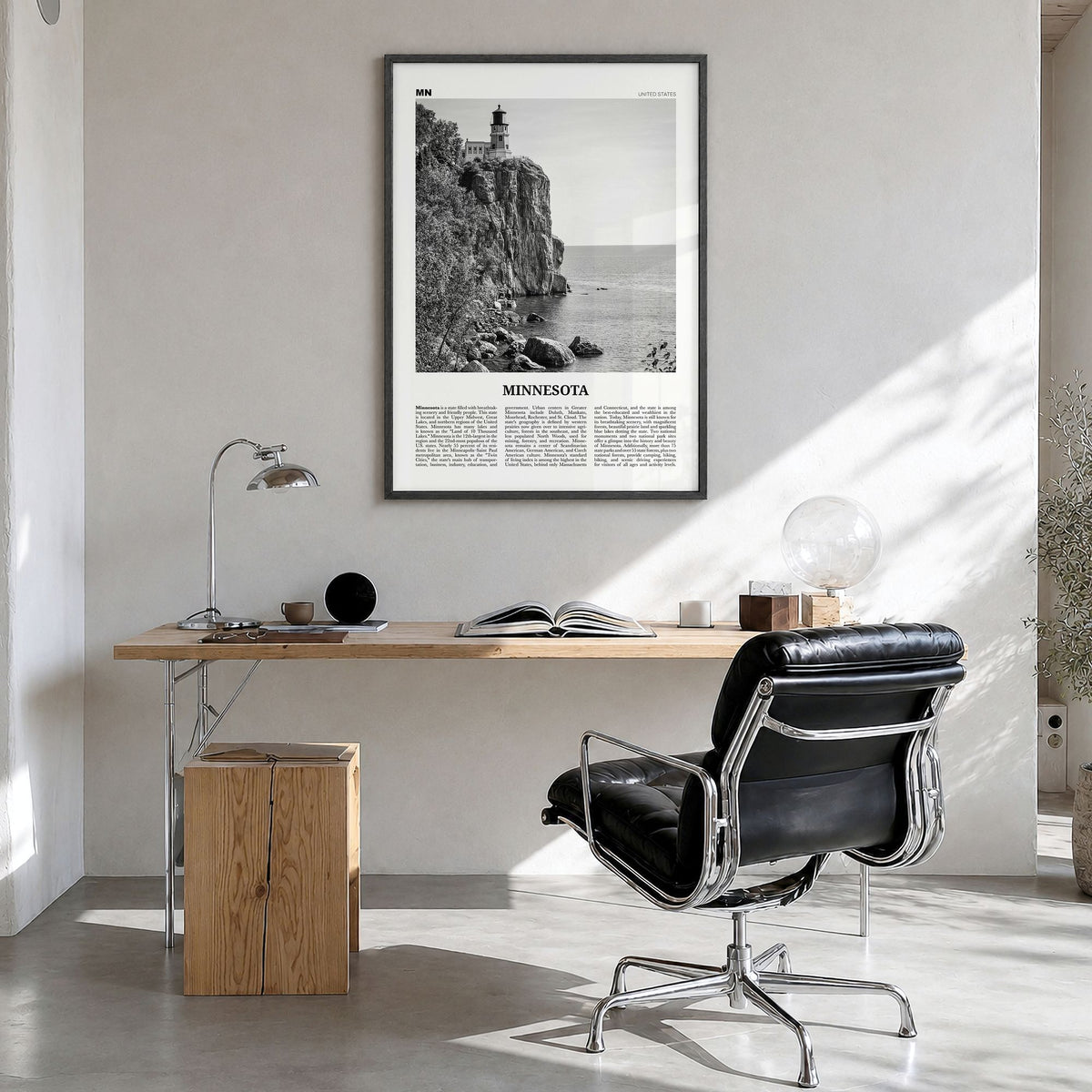 Minnesota Newspaper No 1 Poster in a black wood frame, hanging in a bright home office