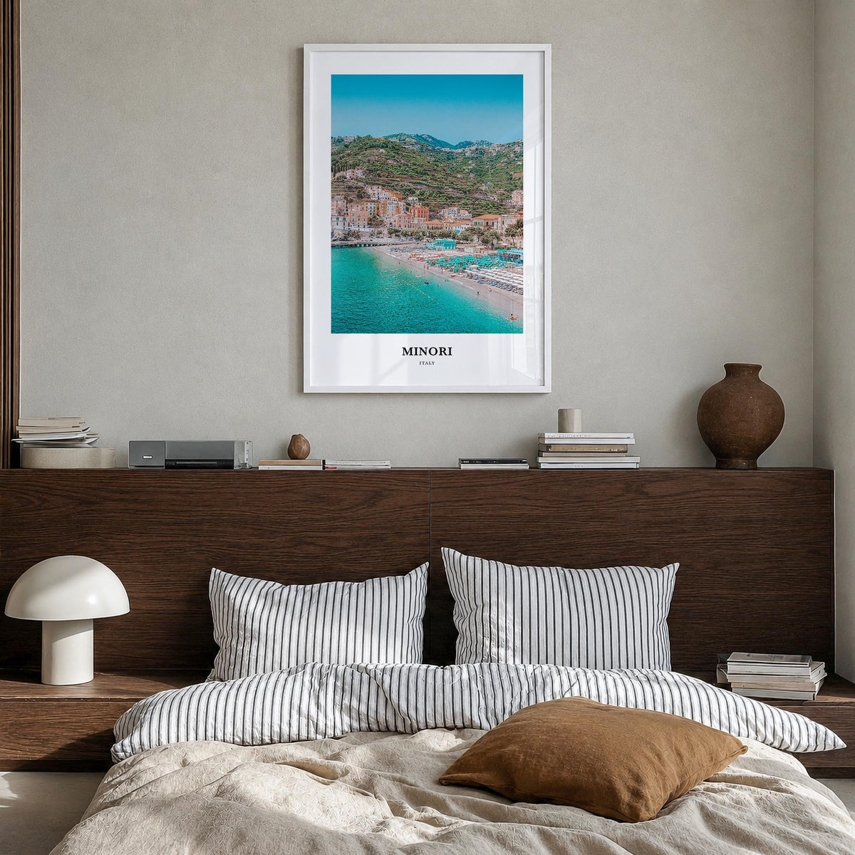 Minori colorful classic poster of Italy – vertical wall art in white wood frame, hanging on wall