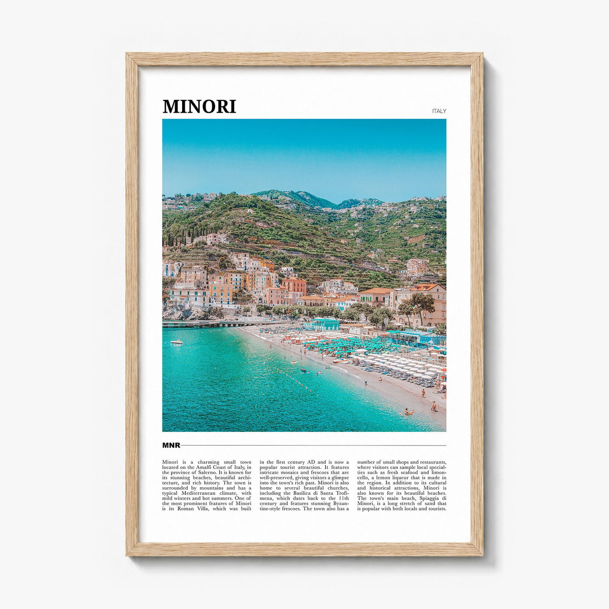 Minori Travel Poster in a natural wood frame