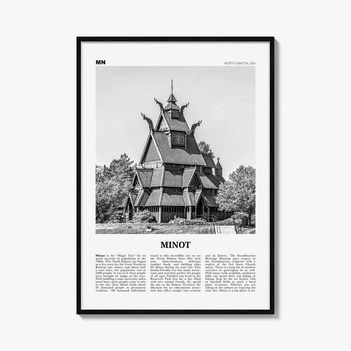 Minot black & white newspaper poster of North Dakota, USA – vertical wall art, unframed print shown in interior mockup