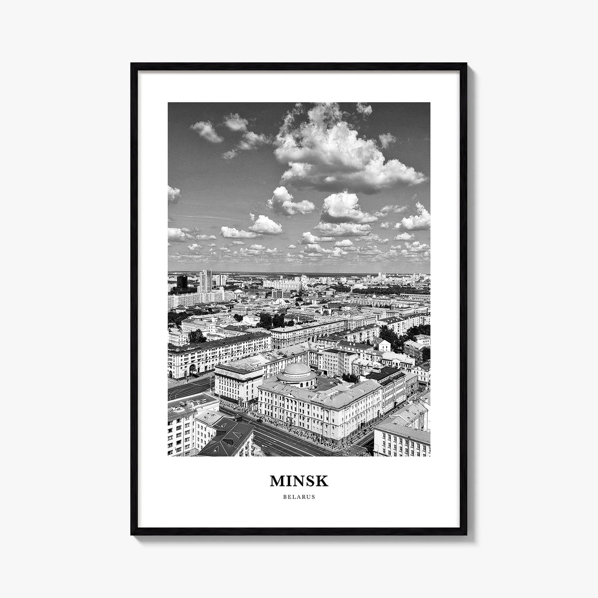 Minsk black & white classic poster of Belarus – vertical wall art, unframed print shown in interior mockup