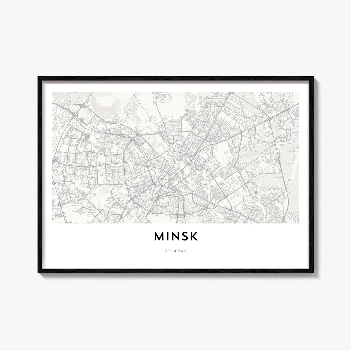 Minsk black & white map poster of Belarus – horizontal wall art, unframed print shown in interior mockup