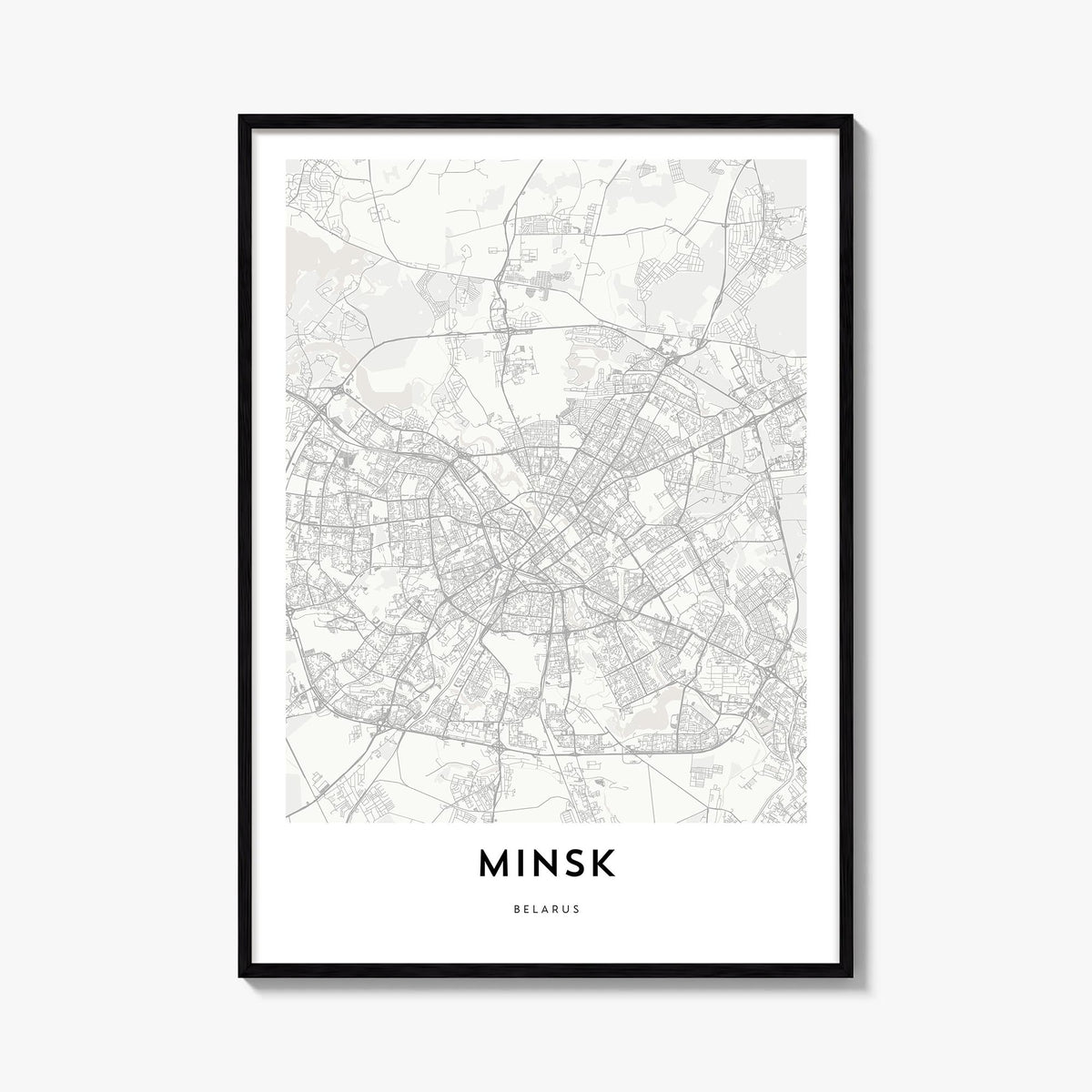 Minsk black & white map poster of Belarus – vertical wall art, unframed print shown in interior mockup