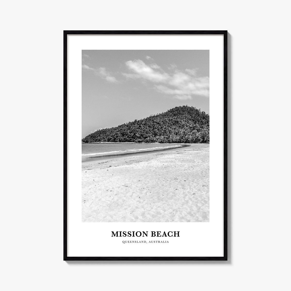 Mission Beach, Queensland black & white classic poster of Australia – vertical wall art, unframed print shown in interior moc