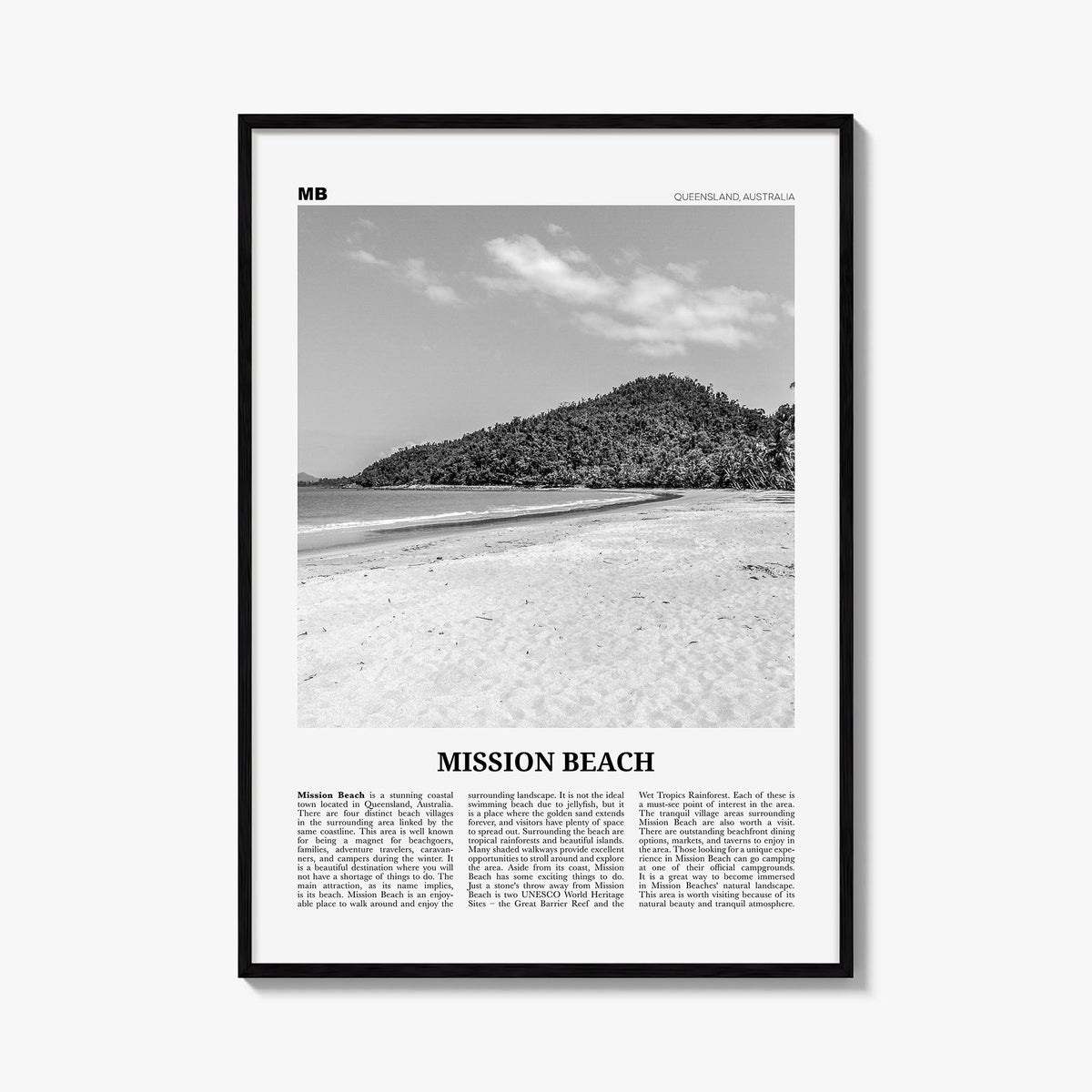 Mission Beach, Queensland black & white newspaper poster of Australia – vertical wall art, unframed print shown in interior m