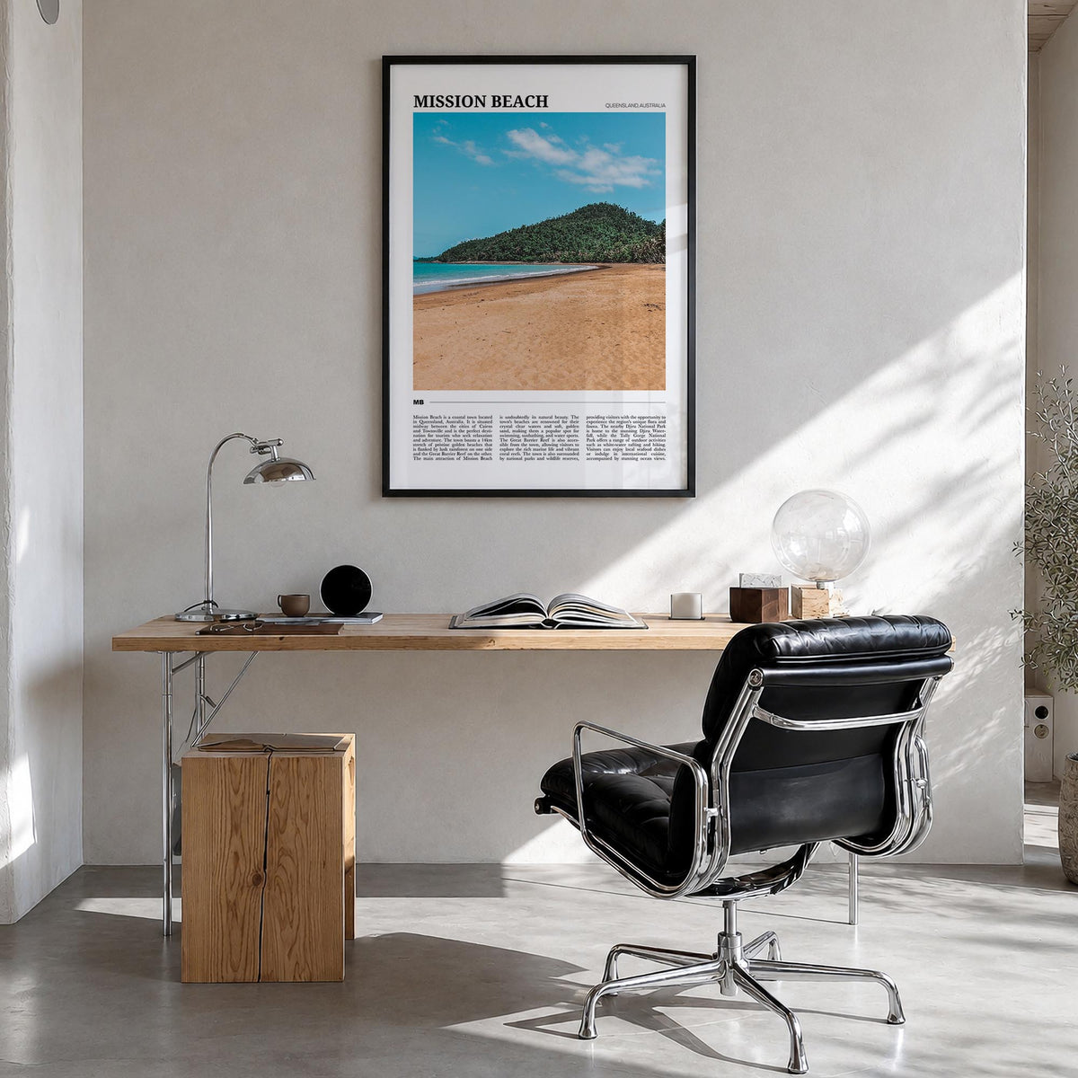 Mission Beach, Queensland colorful travel poster of Australia – vertical wall art in black wood frame, hanging on wall