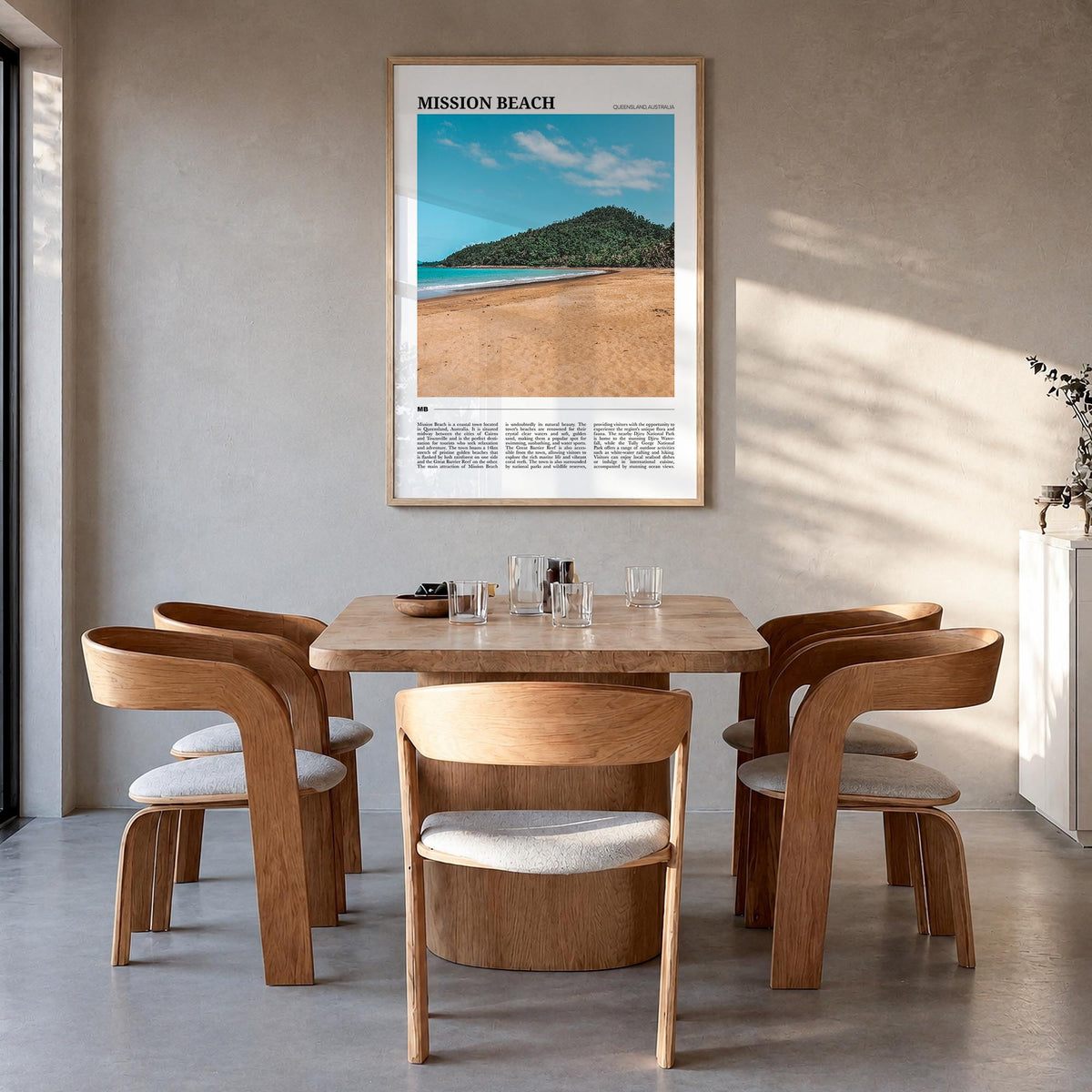 Mission Beach, Queensland colorful travel poster of Australia – vertical wall art in natural wood frame, hanging on wall