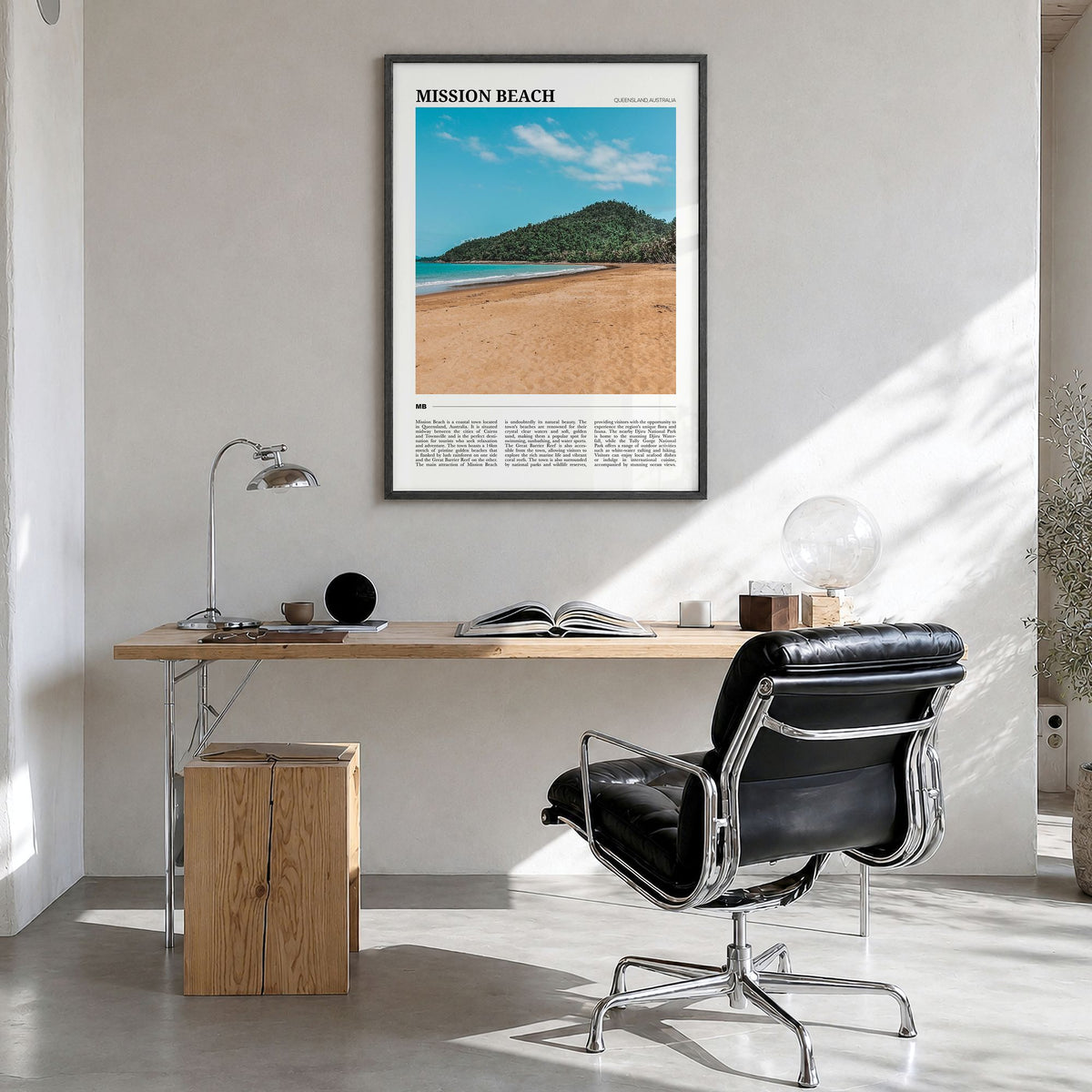 Mission Beach, Queensland Travel Poster in a black wood frame, hanging in a bright home office
