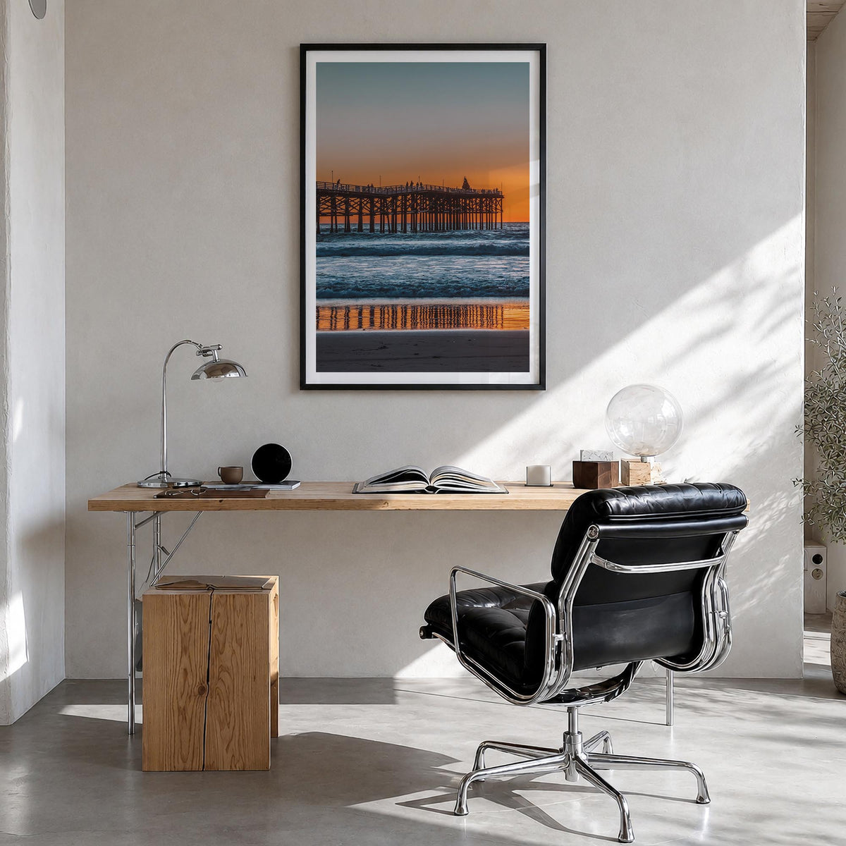 Mission Beach, San Diego colorful photo poster of California, USA – vertical wall art in black wood frame with white border,