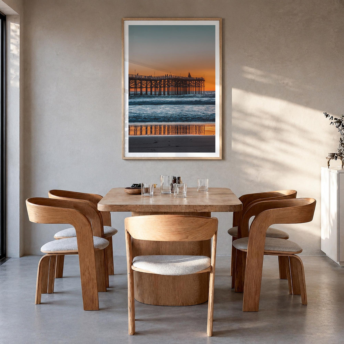 Mission Beach, San Diego colorful photo poster of California, USA – vertical wall art in natural wood frame with white border