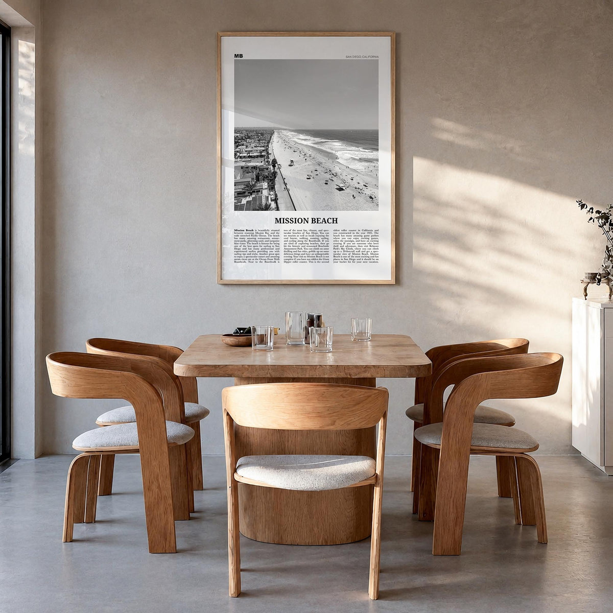 Mission Beach, San Diego no. 1 black & white newspaper poster of California, USA – vertical wall art in natural wood frame, h