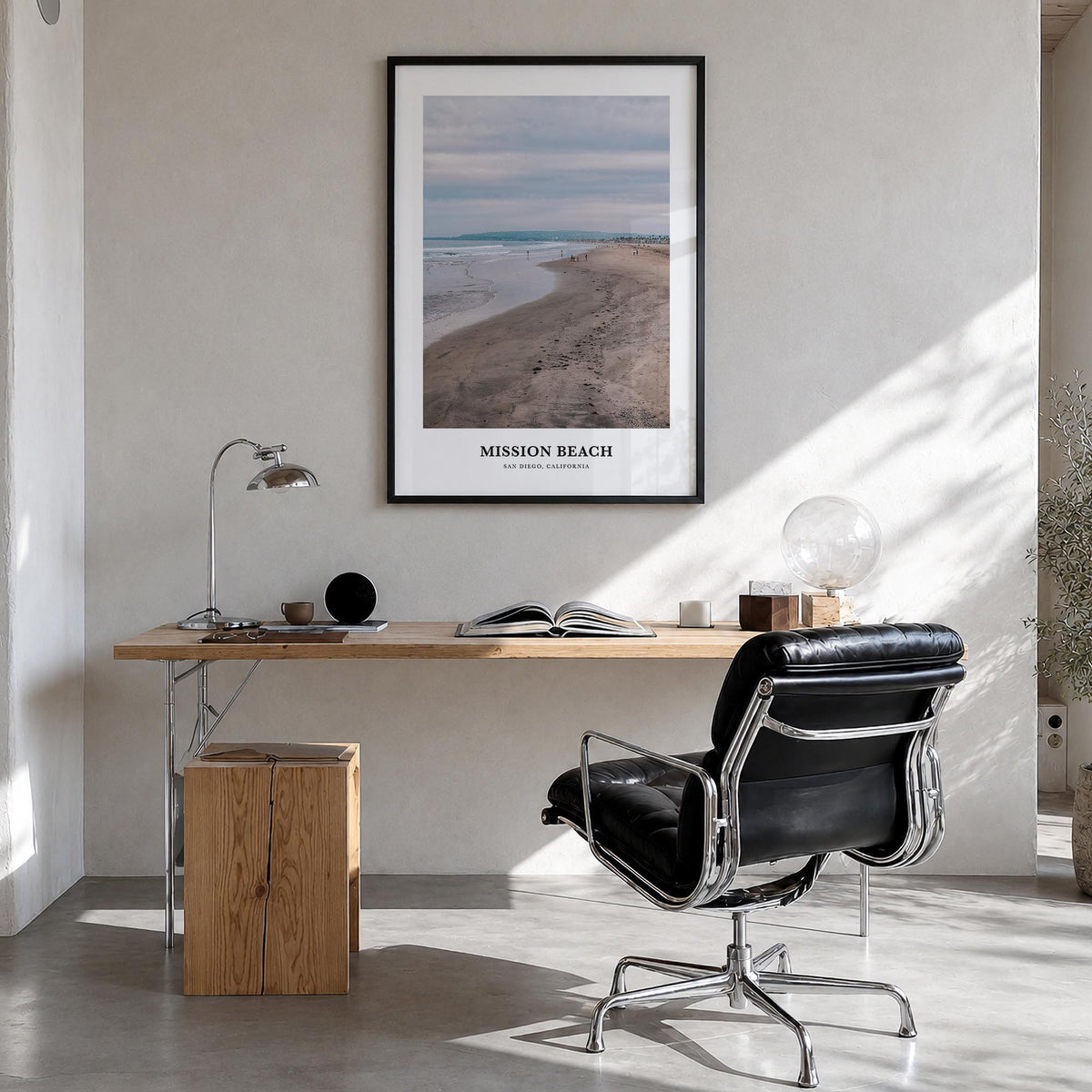 Mission Beach, San Diego no. 1 colorful classic poster of California, USA – vertical wall art in black wood frame, hanging on