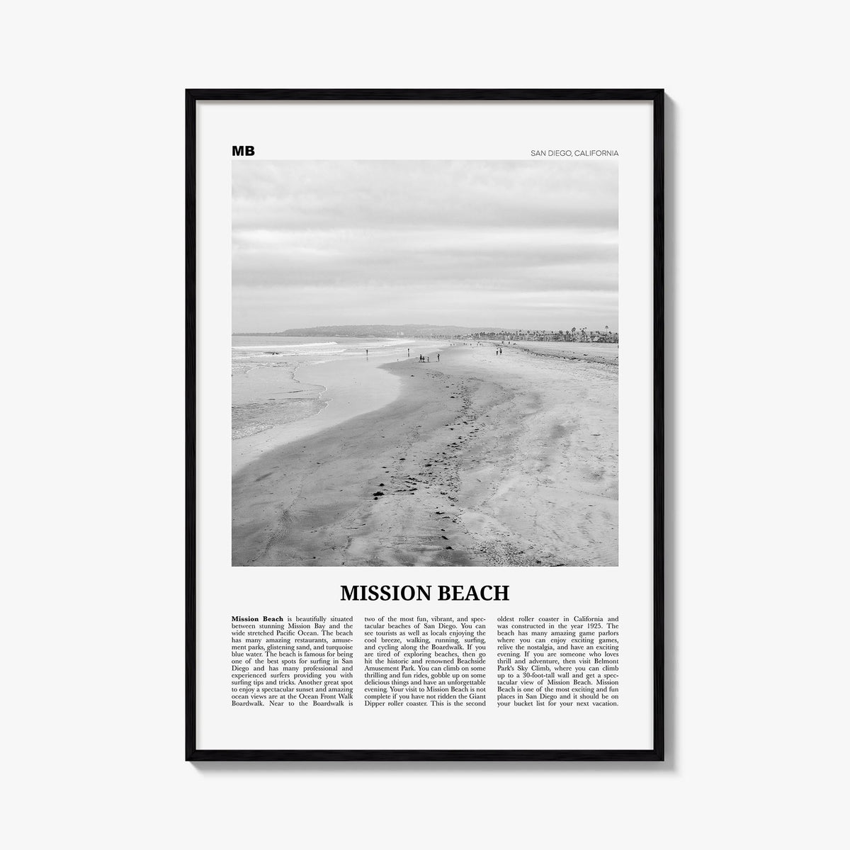 Mission Beach, San Diego no. 2 black & white newspaper poster of California, USA – vertical wall art, unframed print shown in