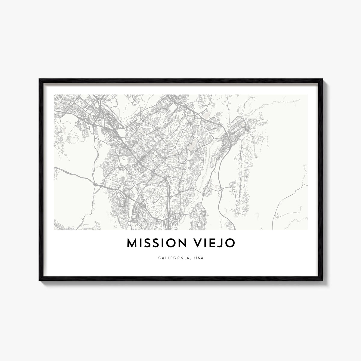 Mission Viejo black & white map poster of California, USA – horizontal wall art, unframed print shown in interior mockup