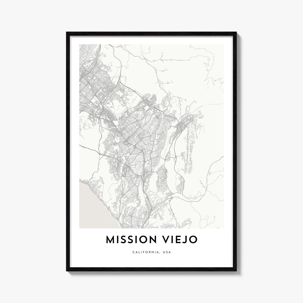 Mission Viejo black & white map poster of California, USA – vertical wall art, unframed print shown in interior mockup