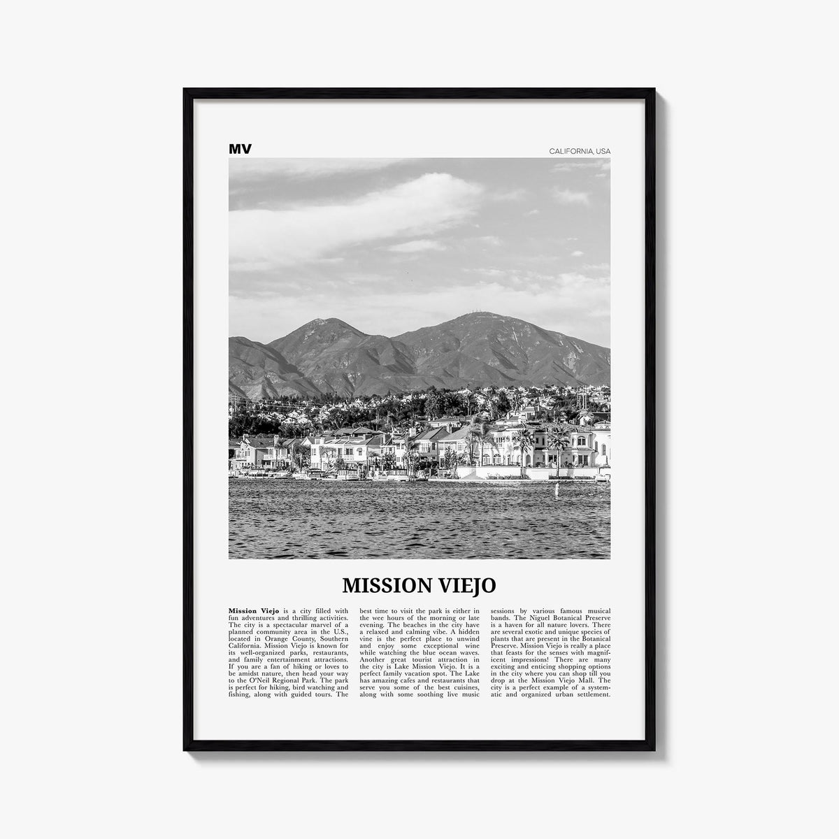 Mission Viejo black & white newspaper poster of California, USA – vertical wall art, unframed print shown in interior mockup