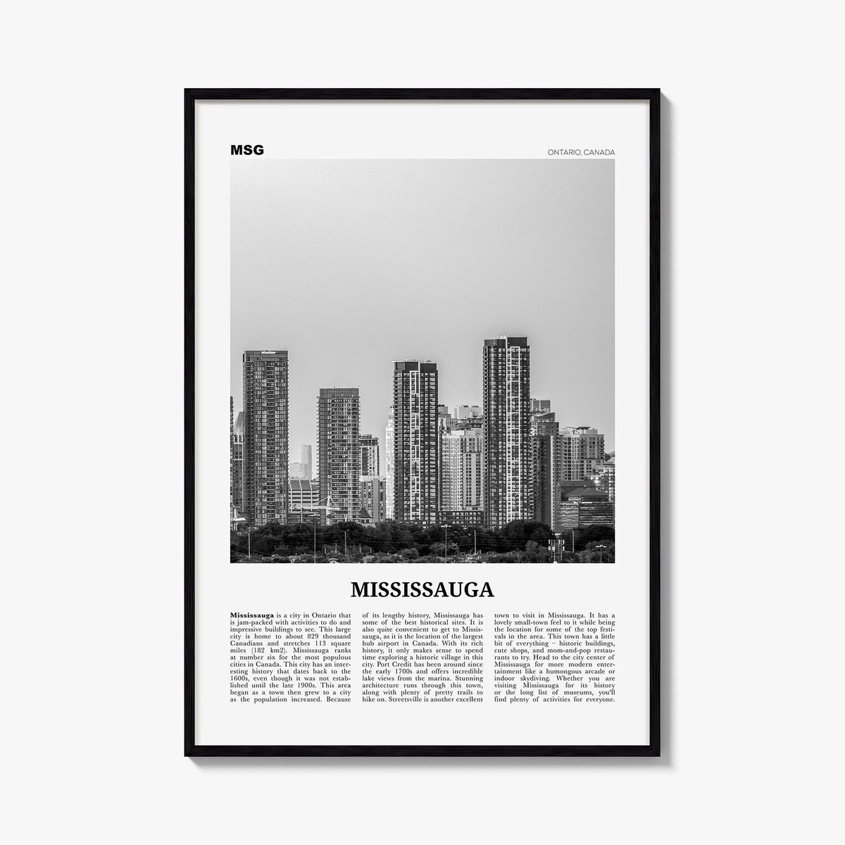 Mississauga black & white newspaper poster of Canada – vertical wall art, unframed print shown in interior mockup