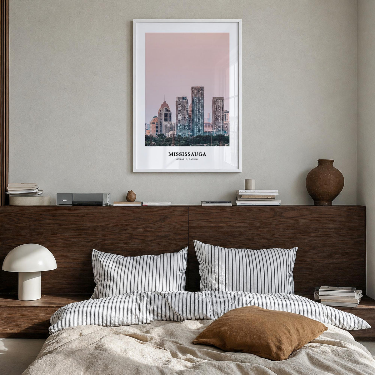 Mississauga colorful classic poster of Canada – vertical wall art in white wood frame, hanging on wall