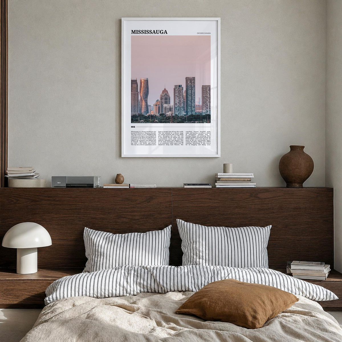 Mississauga colorful travel poster of Canada – vertical wall art in white wood frame, hanging on wall