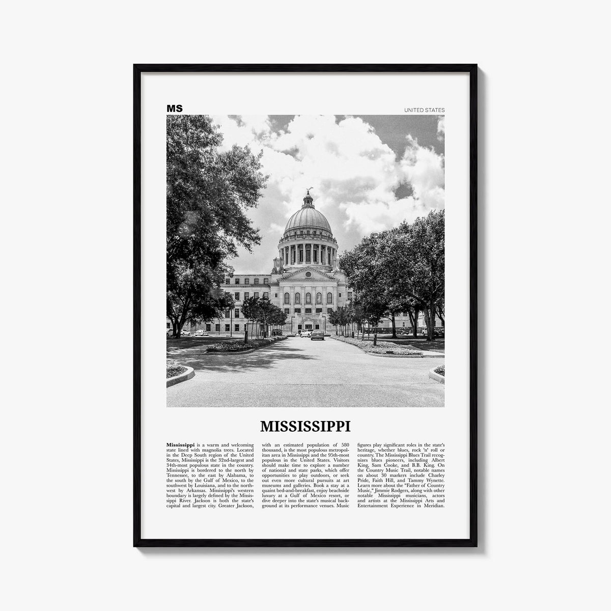 Mississippi no. 1 black & white newspaper poster of United States – vertical wall art, unframed print shown in interior mocku