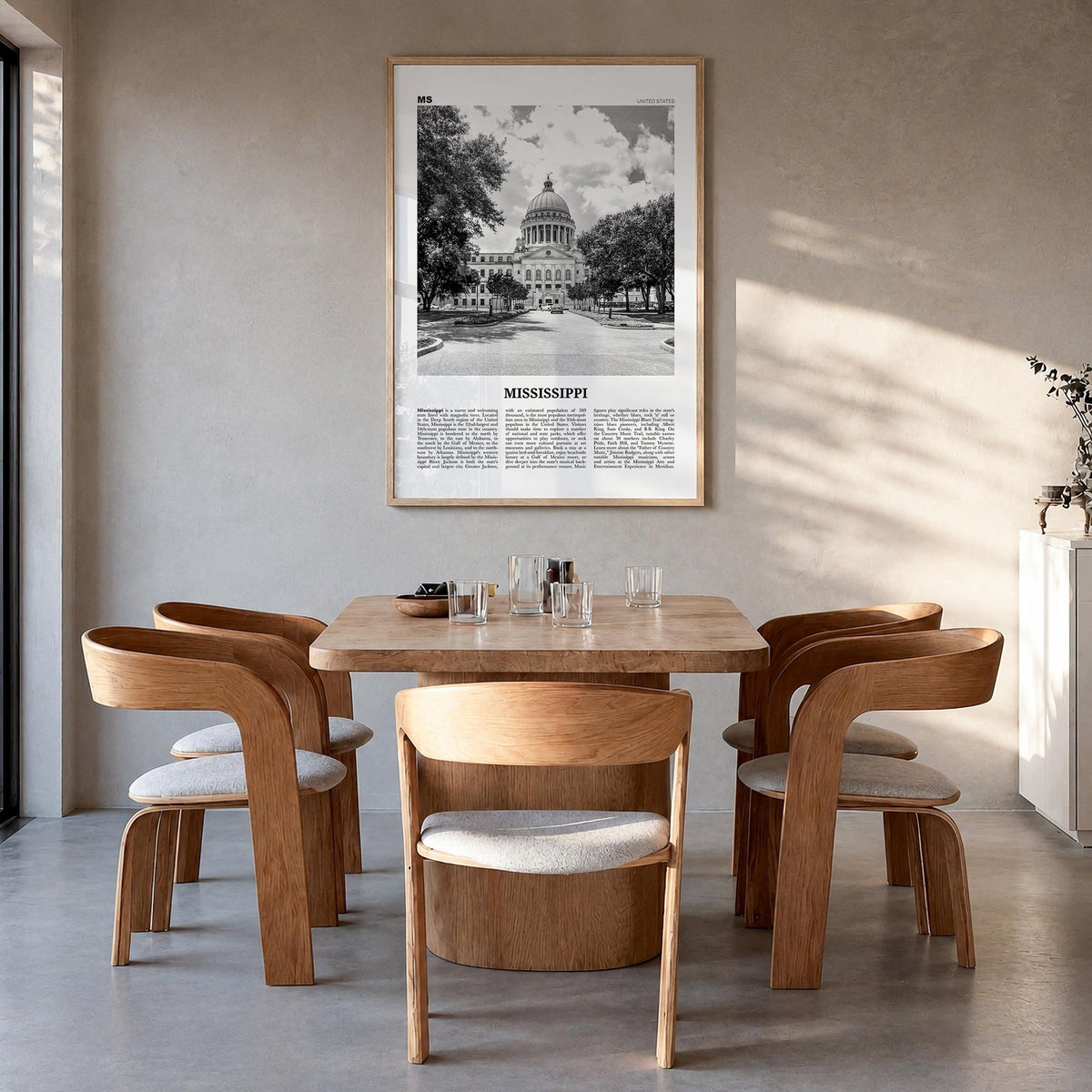 Mississippi no. 1 black & white newspaper poster of United States – vertical wall art in natural wood frame, hanging on wall