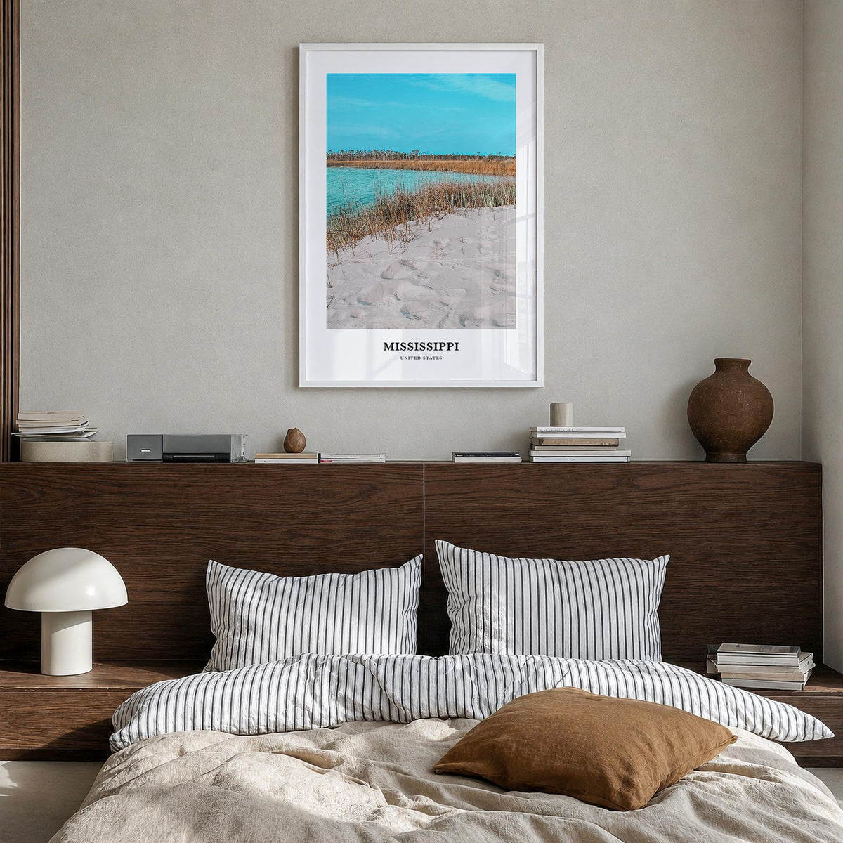 Mississippi no. 1 colorful classic poster of United States – vertical wall art in white wood frame, hanging on wall