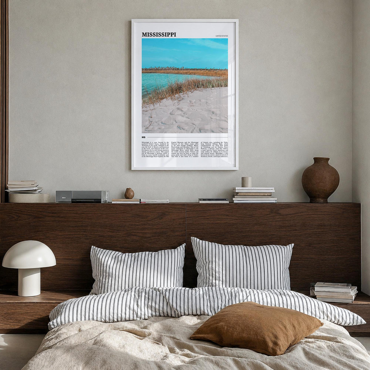 Mississippi no. 1 colorful travel poster of United States – vertical wall art in white wood frame, hanging on wall