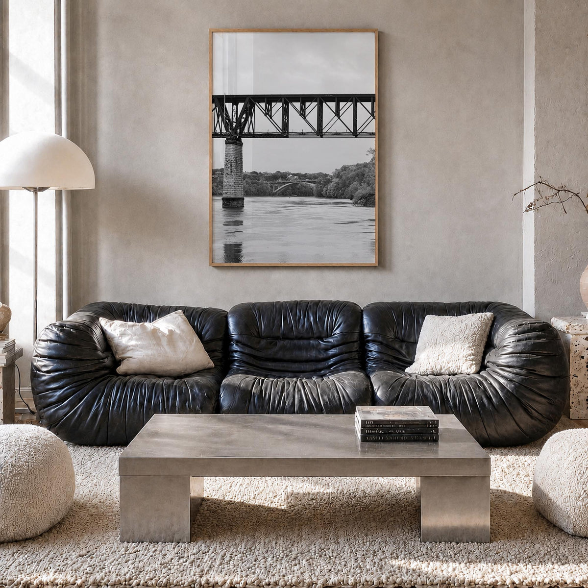 Mississippi River black & white photo poster of United States – vertical wall art in natural wood frame, hanging on wall