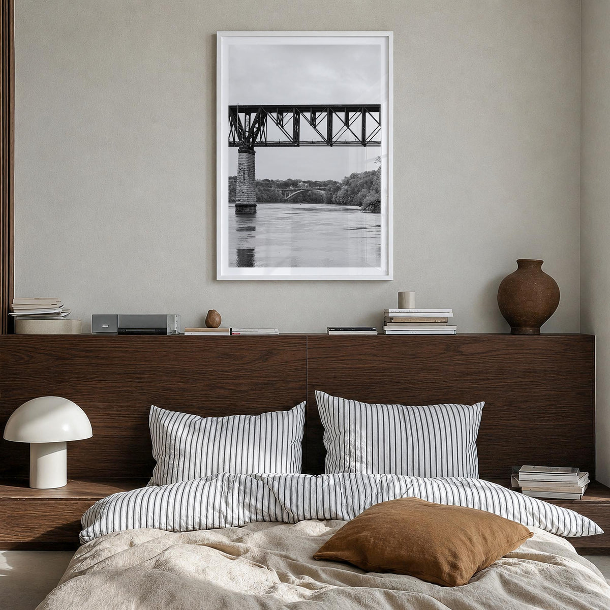 Mississippi River black & white photo poster of United States – vertical wall art in white wood frame with white border, hang