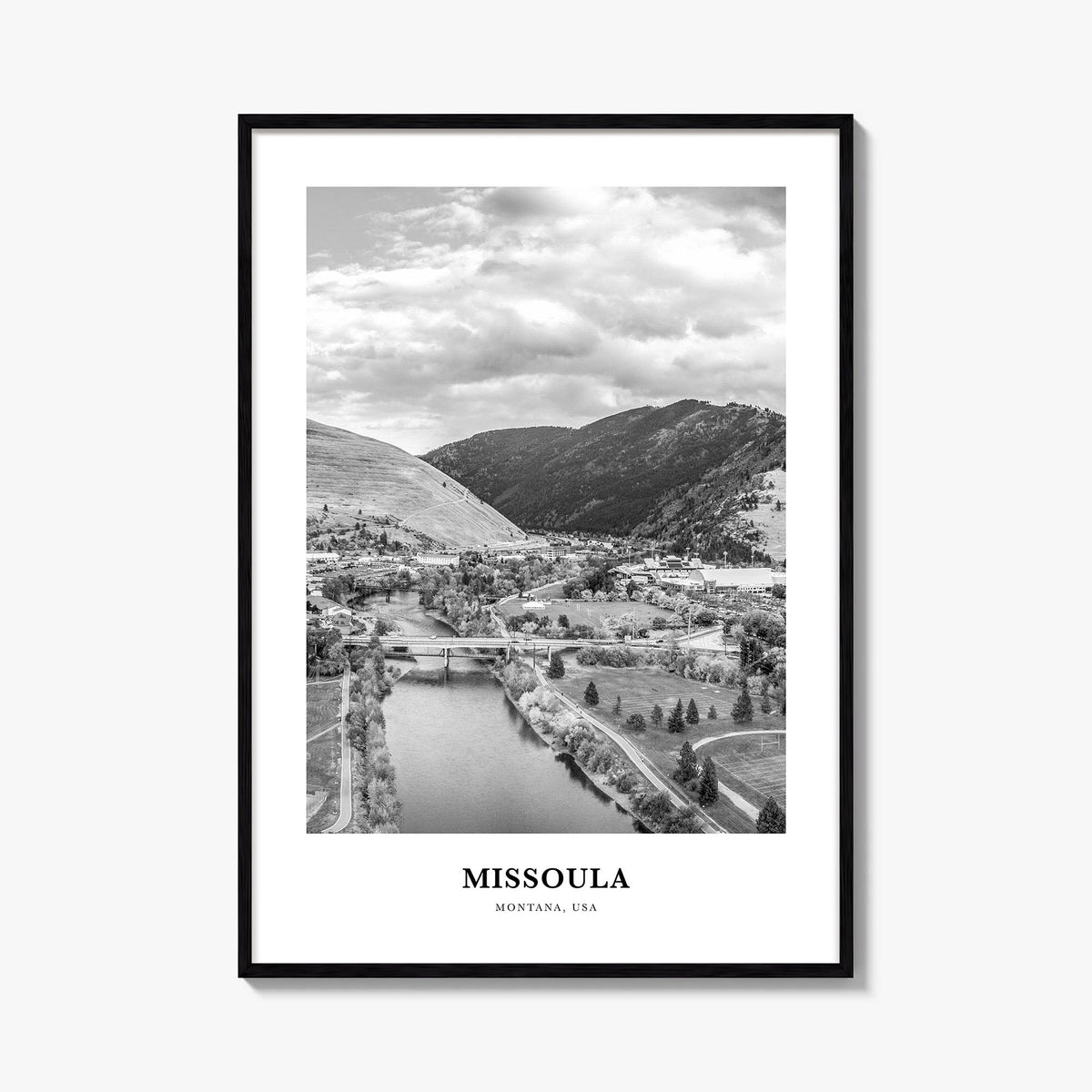 Missoula black & white classic poster of Montana, USA – vertical wall art, unframed print shown in interior mockup