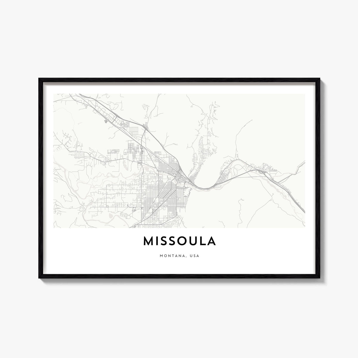 Missoula black & white map poster of Montana, USA – horizontal wall art, unframed print shown in interior mockup