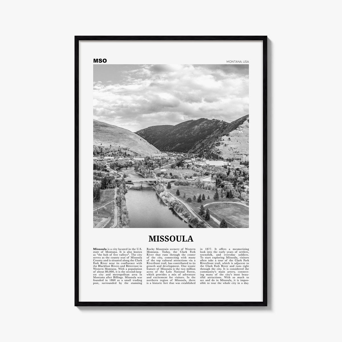 Missoula black & white newspaper poster of Montana, USA – vertical wall art, unframed print shown in interior mockup