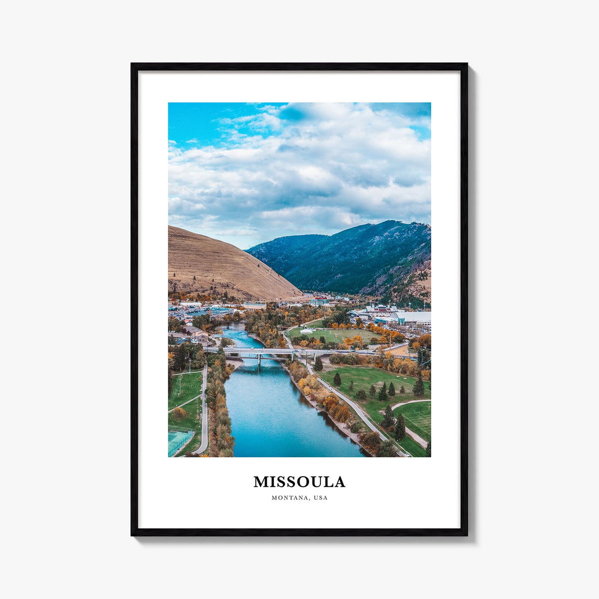 Missoula colorful classic poster of Montana, USA – vertical wall art, unframed print shown in interior mockup