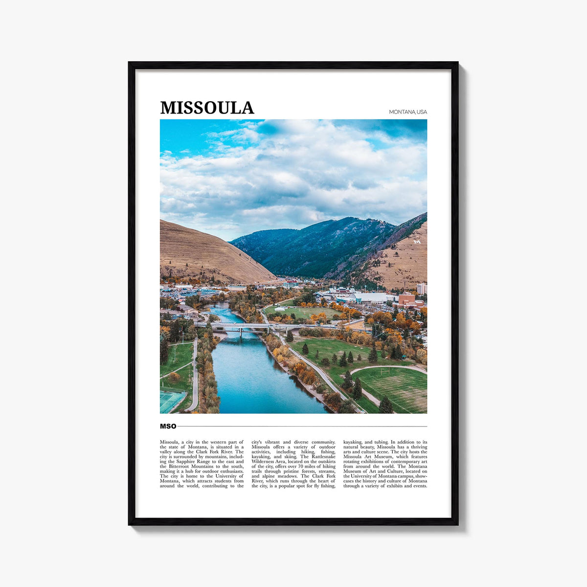 Missoula colorful travel poster of Montana, USA – vertical wall art, unframed print shown in interior mockup