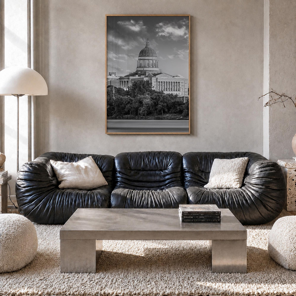 Missouri black & white photo poster of United States – vertical wall art in natural wood frame, hanging on wall