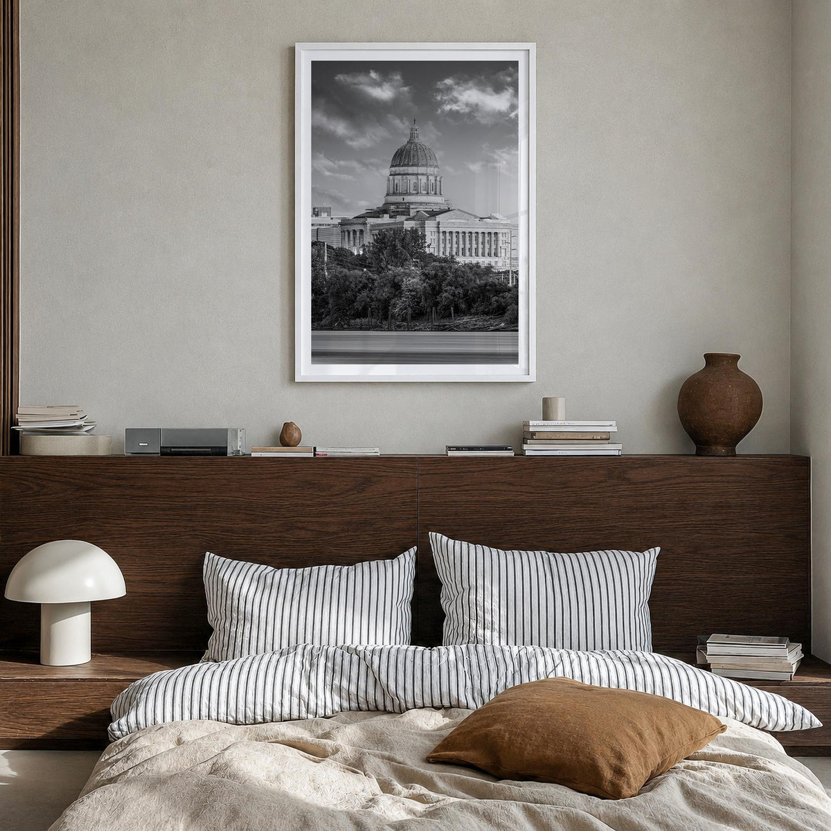 Missouri black & white photo poster of United States – vertical wall art in white wood frame with white border, hanging on wa