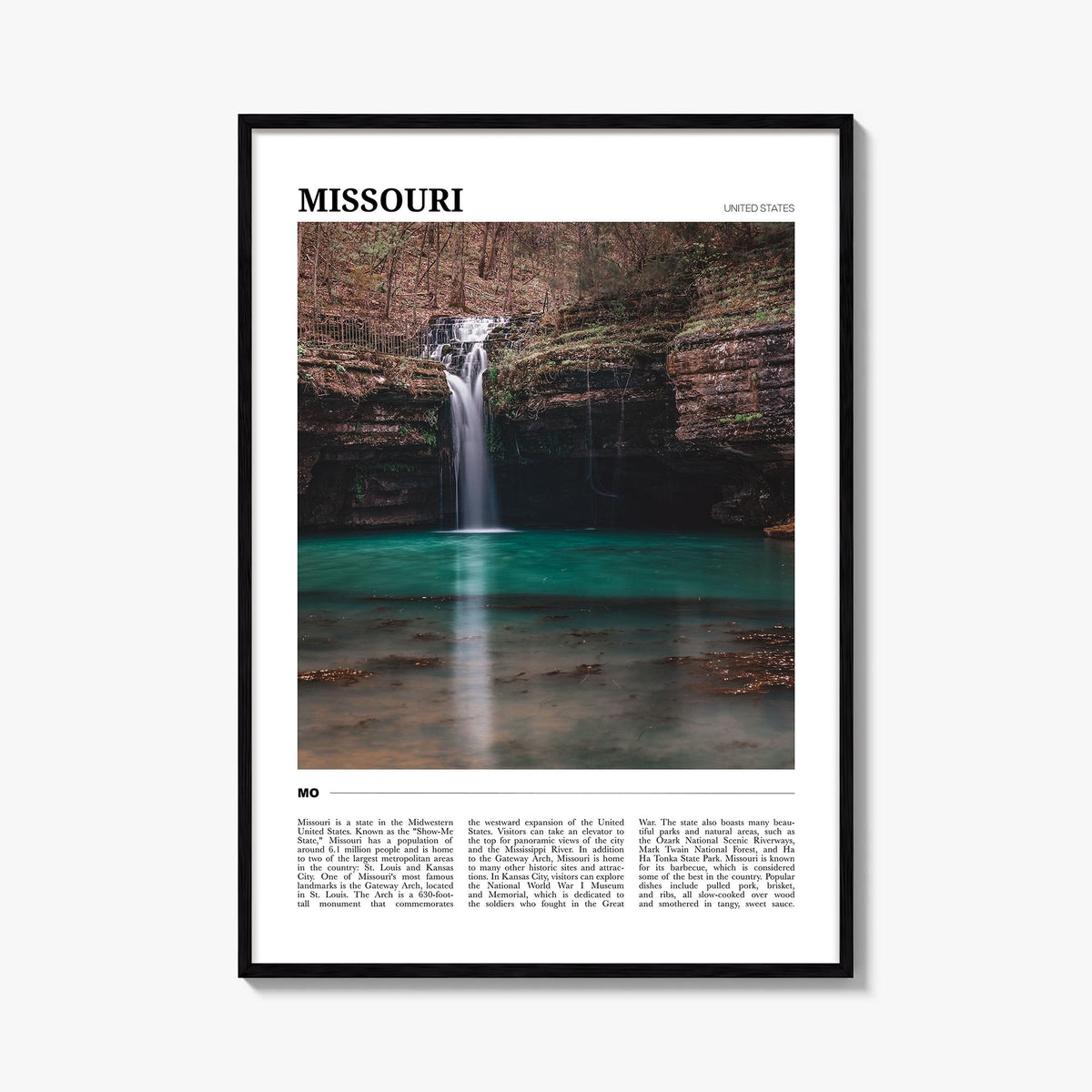 Missouri colorful travel poster of United States – vertical wall art, unframed print shown in interior mockup