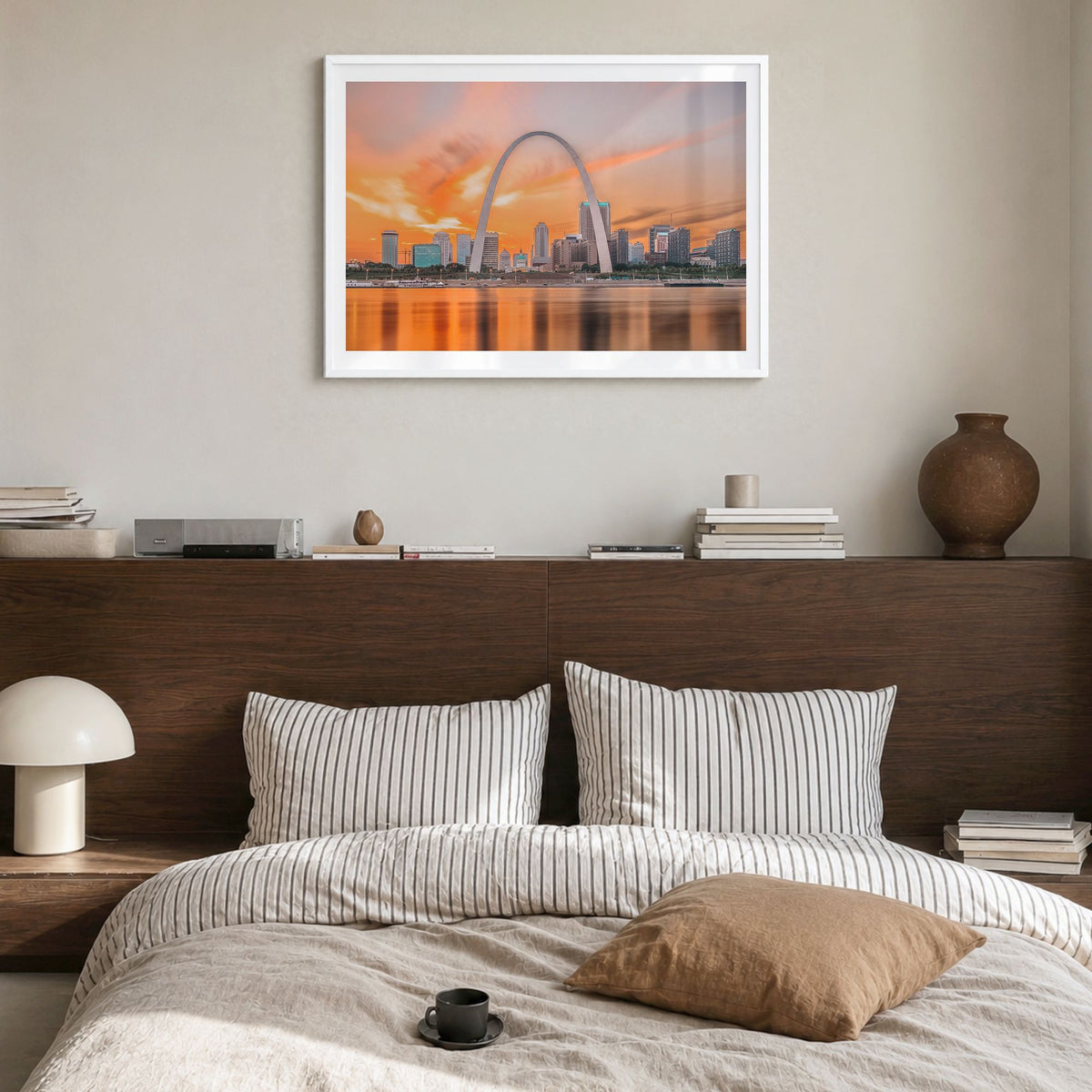 Missouri Photo Poster in a white wood frame, hanging in a bedroom, white border