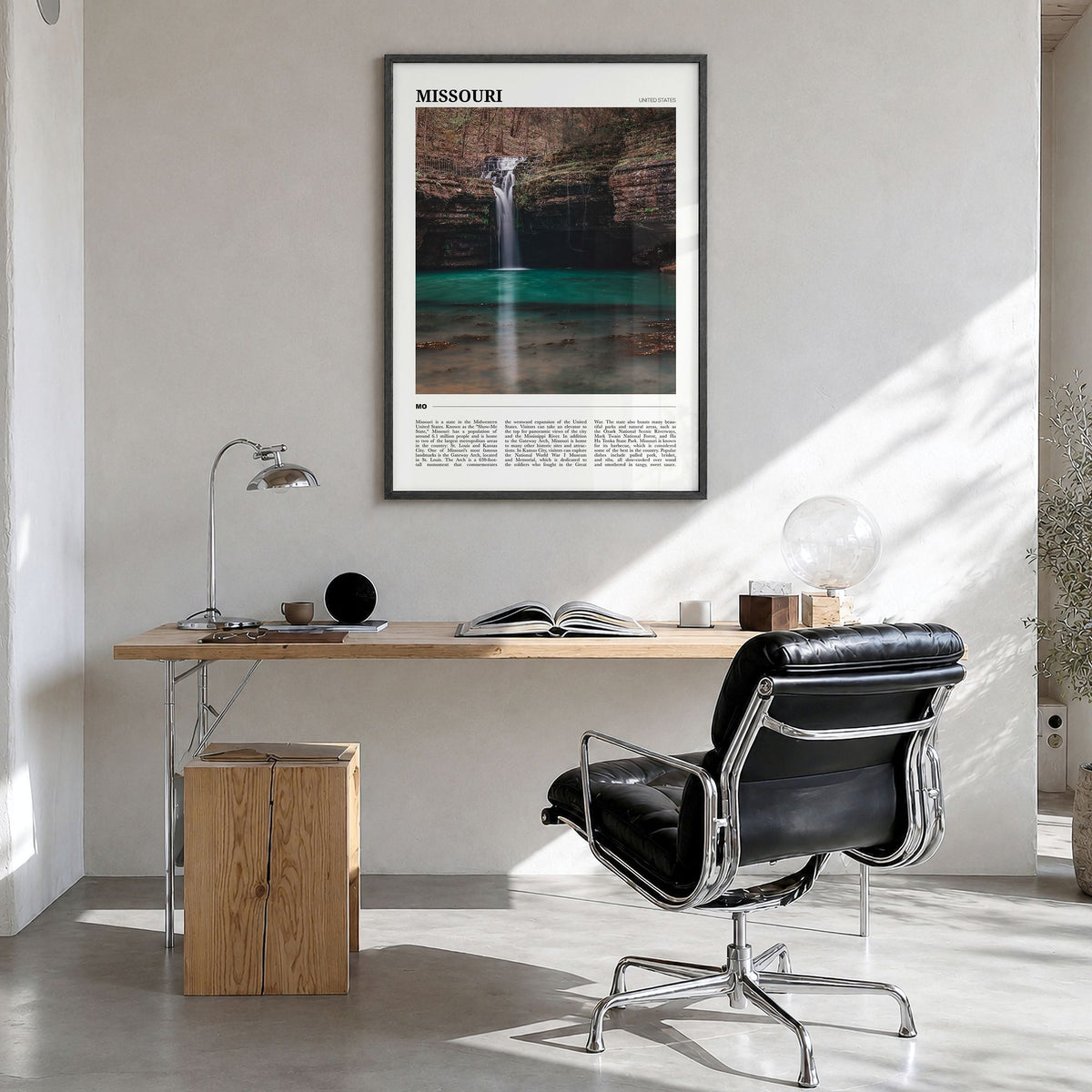 Missouri Travel Poster in a black wood frame, hanging in a bright home office
