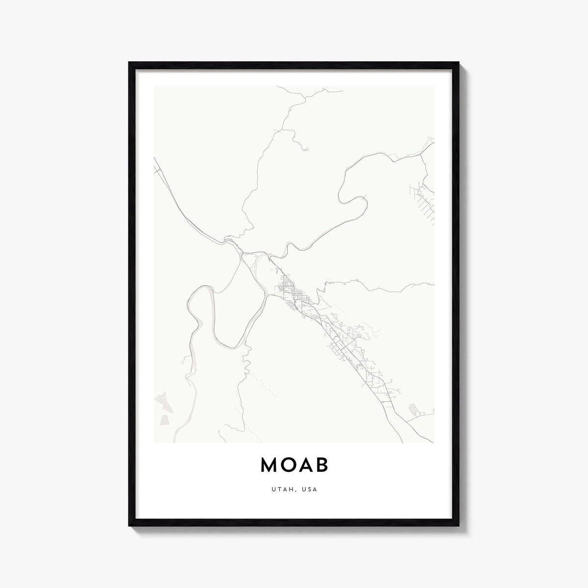 Moab black & white map poster of Utah, USA – vertical wall art, unframed print shown in interior mockup