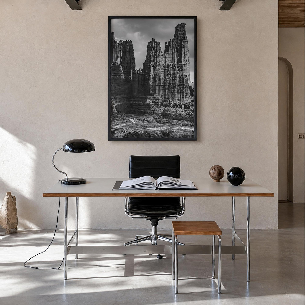 Moab black & white photo poster of Utah, USA – vertical wall art in black wood frame, hanging on wall