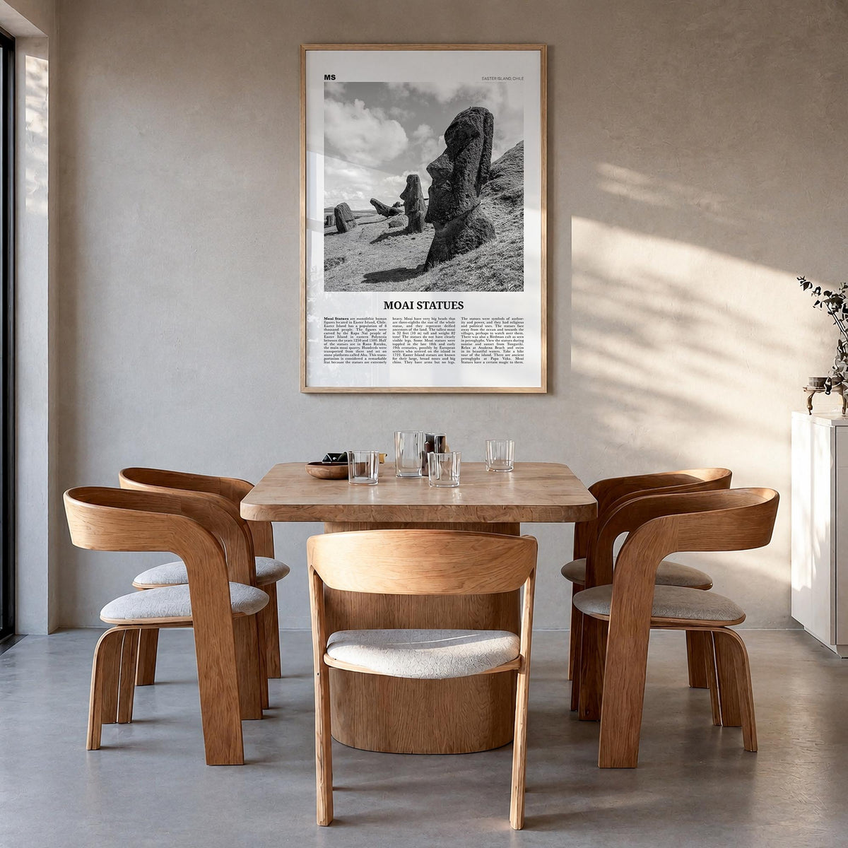 Moai Statues black & white newspaper poster of Chile – vertical wall art in natural wood frame, hanging on wall