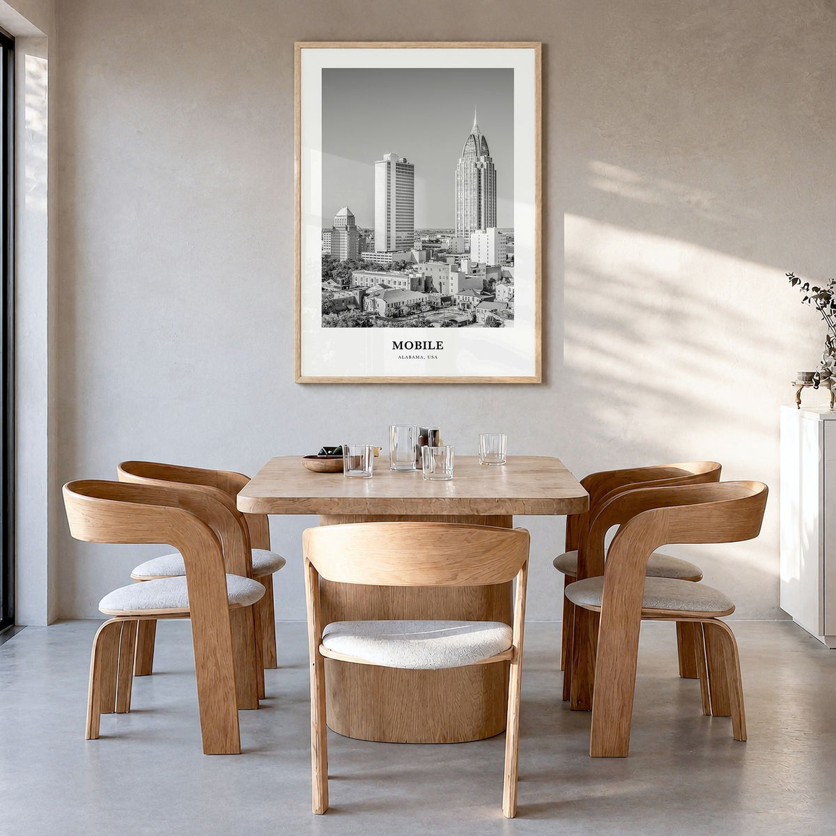Mobile Classic Poster in a natural wood frame, hanging in a dining room