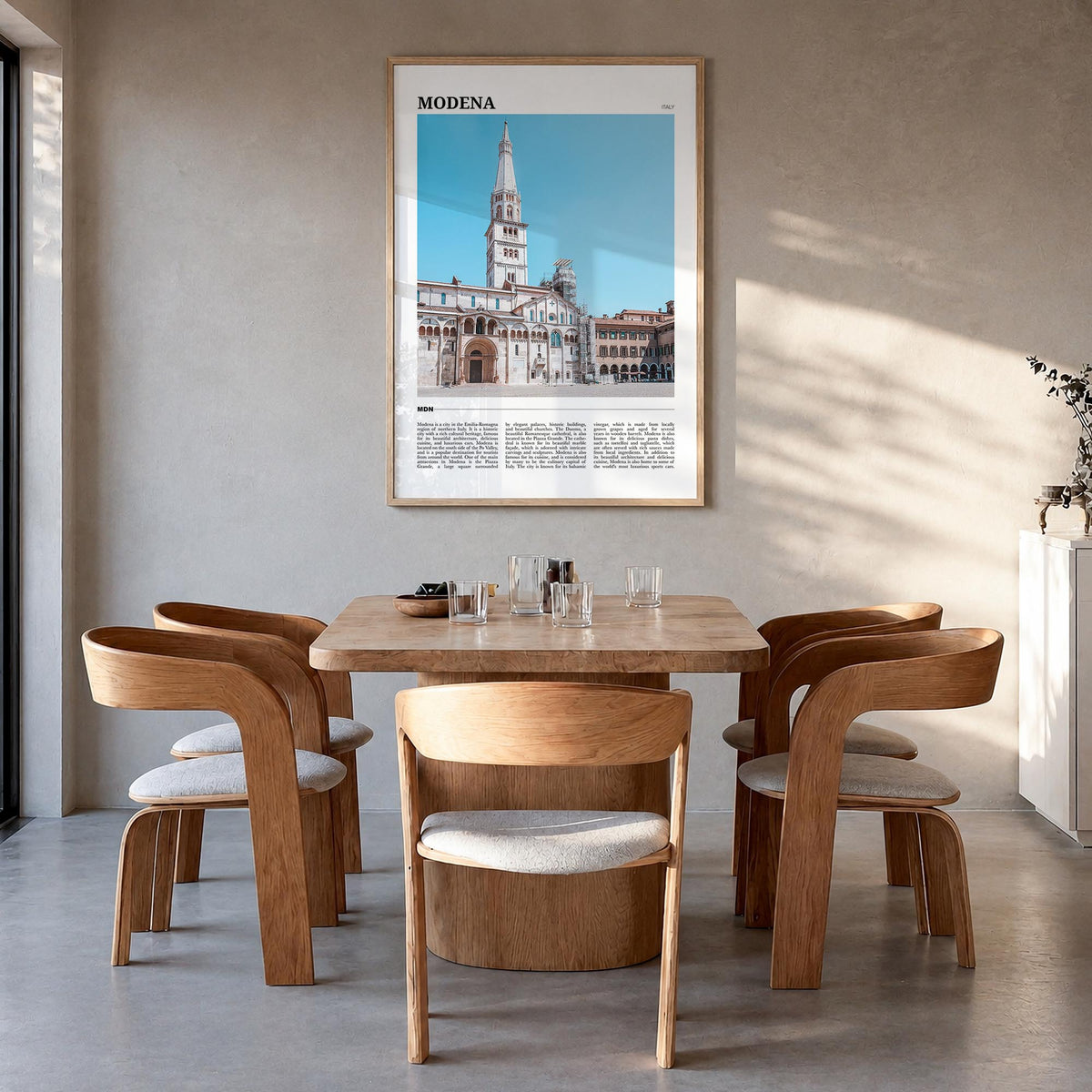 Modena colorful travel poster of Italy – vertical wall art in natural wood frame, hanging on wall