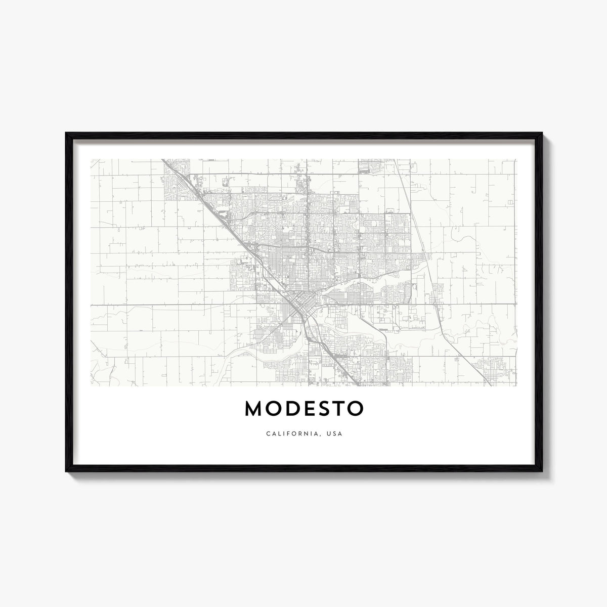 Modesto black & white map poster of California, USA – horizontal wall art, unframed print shown in interior mockup