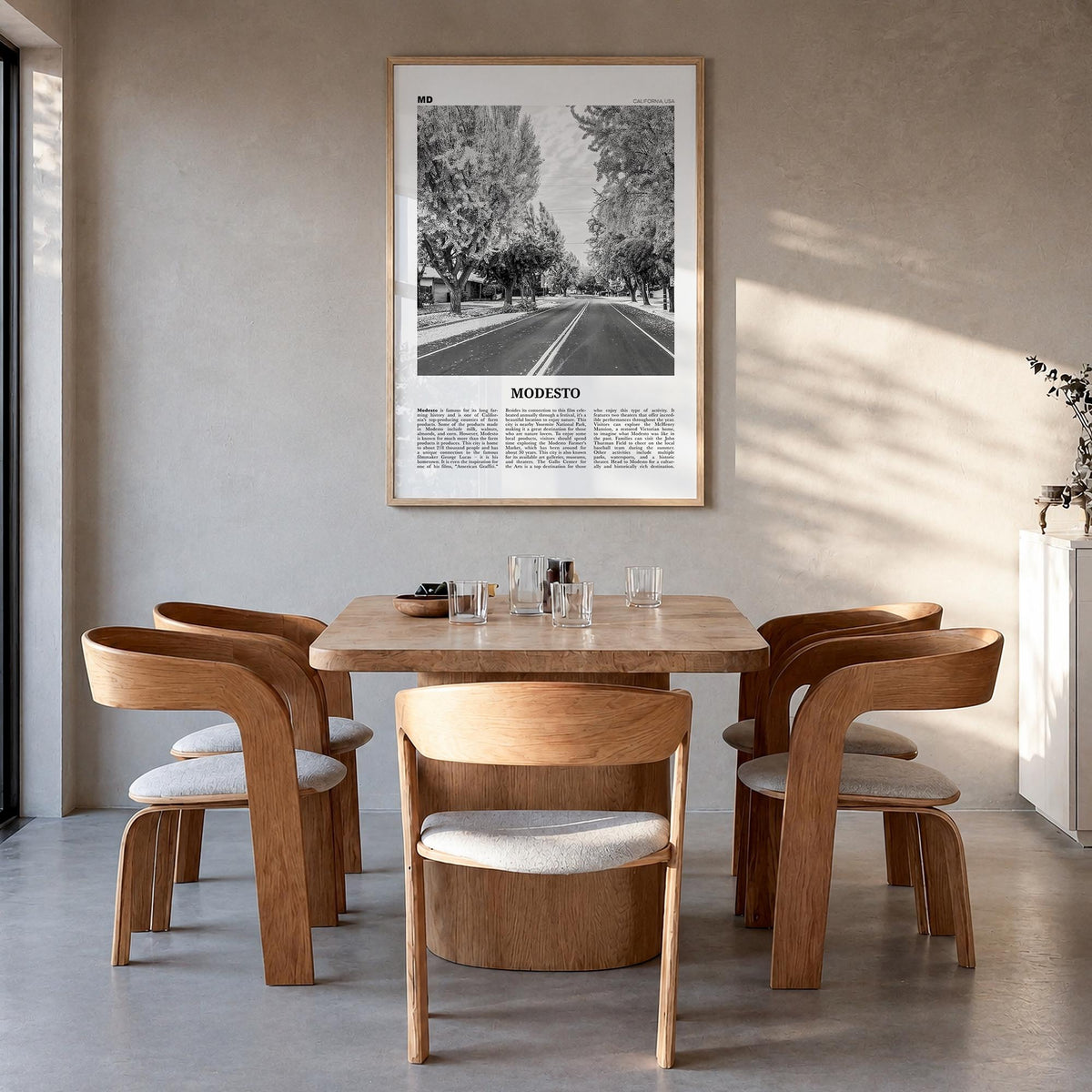 Modesto black & white newspaper poster of California, USA – vertical wall art in natural wood frame, hanging on wall