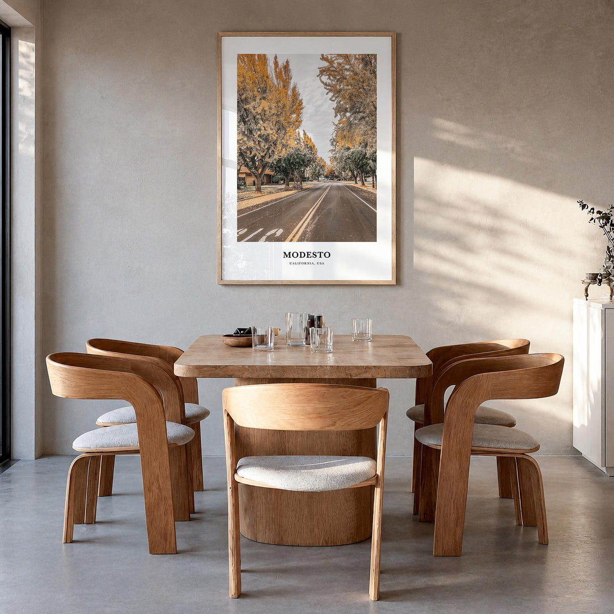 Modesto colorful classic poster of California, USA – vertical wall art in natural wood frame, hanging on wall