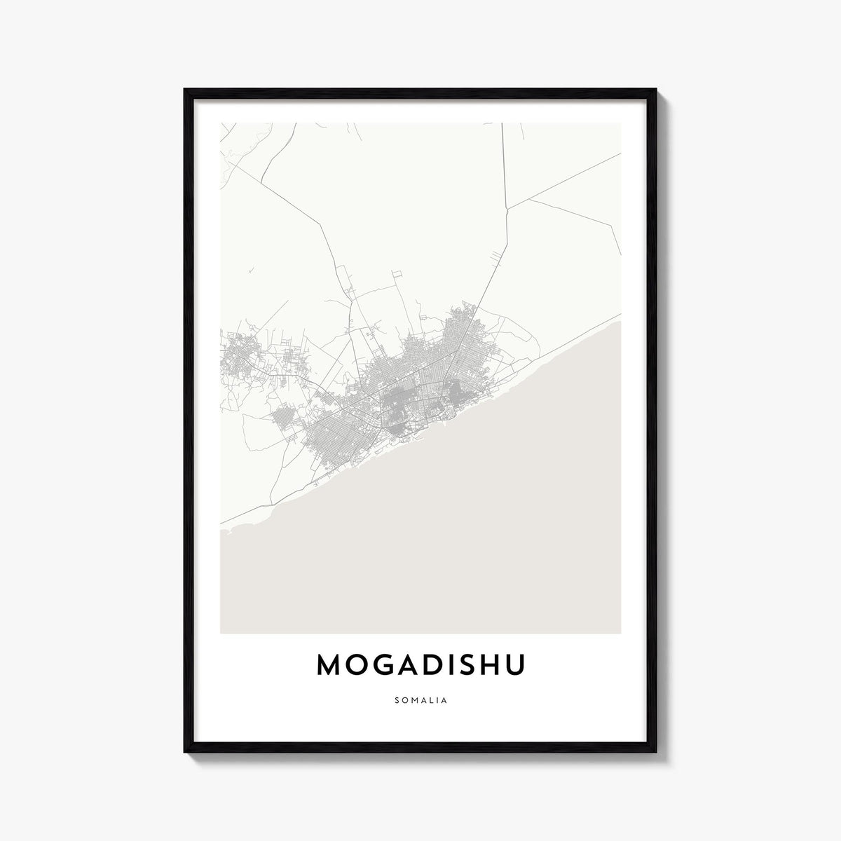 Mogadishu black & white map poster of Somalia – vertical wall art, unframed print shown in interior mockup