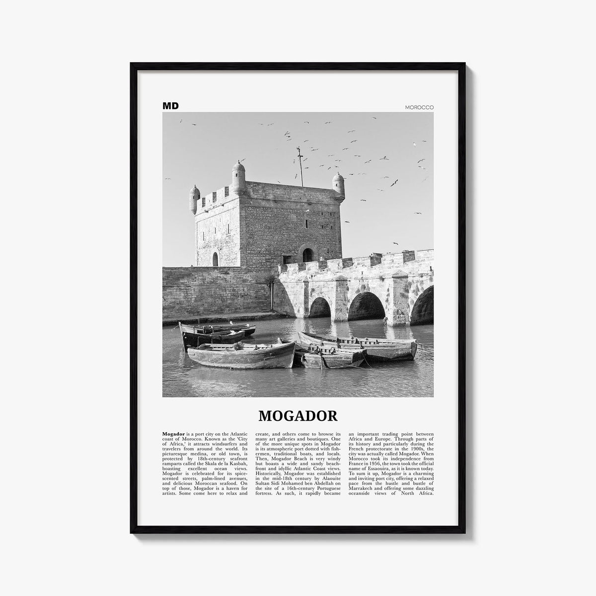 Essaouira no. 2 black & white newspaper poster of Morocco – vertical wall art, unframed print shown in interior mockup