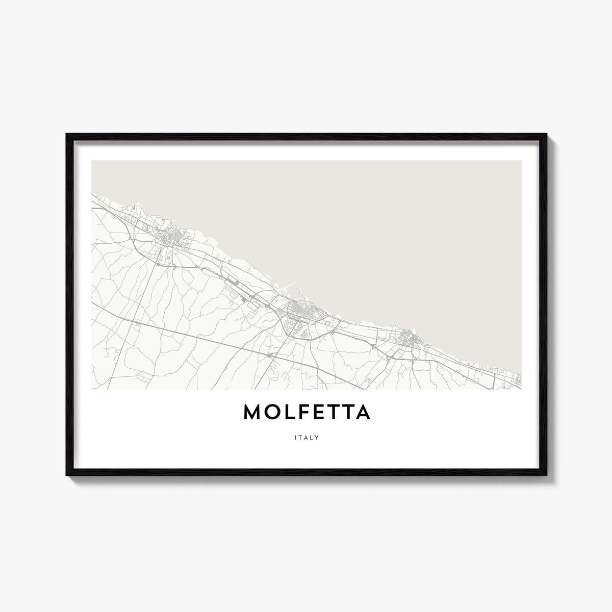 Molfetta black & white map poster of Italy – horizontal wall art, unframed print shown in interior mockup